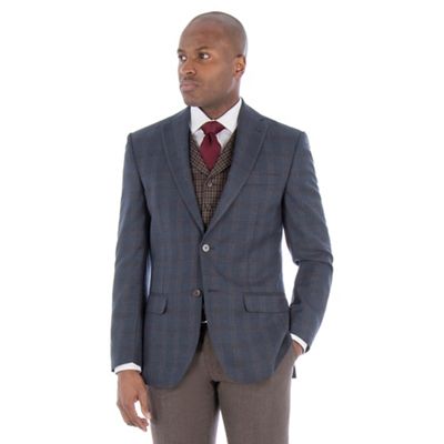Blue with brown check wool blend tailored fit jacket
